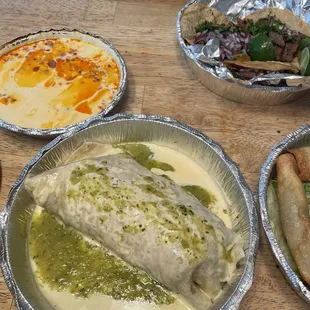 Carnitas burrito and chori dip