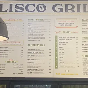 a menu on the wall