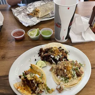 10.04.24 Tonight&apos;s dinner of choice: 3 street tacos for me (carnitas, crispy chorizo, &amp; pastor) and carne asada breakfast burrito for Hubs.