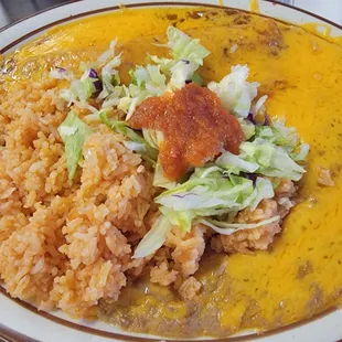 Cheese enchilada, beans w/ cheese, rice.