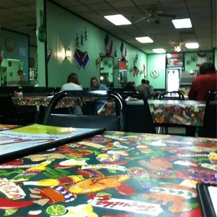 a colorful table cloth