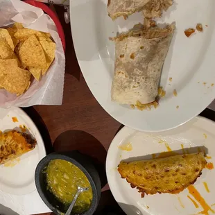 mixed super regular burrito and chorizo quesadilla