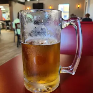 a glass of beer on a table
