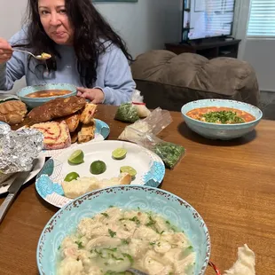 Menudo blanco pura carne and Menudo rojo with corn