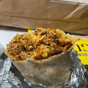 Chorizo breakfast burrito with burnt pieces in it. No bueno.