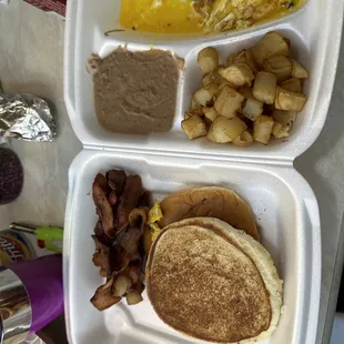 Huevos rancheros with burnt bacon, uncooked eggs and my favorite one- hamburger bun for toast bread!!!!
