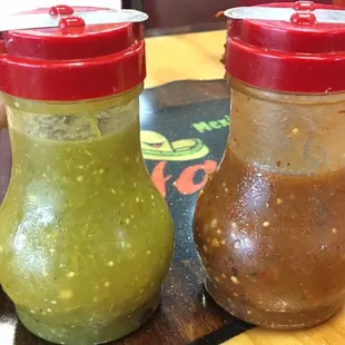 Red and Green sauces.  Hot, but not too hot - they're just right.