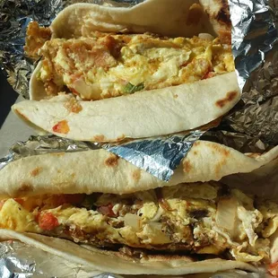 Migas taco top; machacado taco bottom.