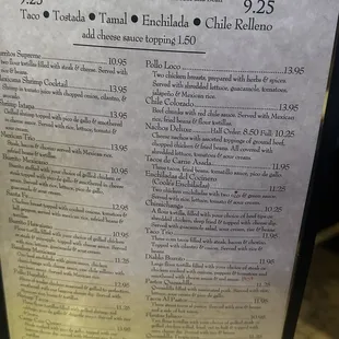 Dinner menu