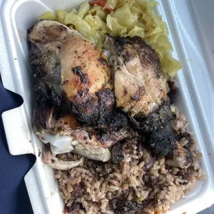 Jerk Chicken Lunch, good smoke, cabbage well seasoned, rice is perfect