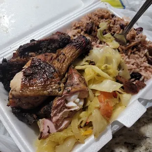 a meal in a styrofoam container