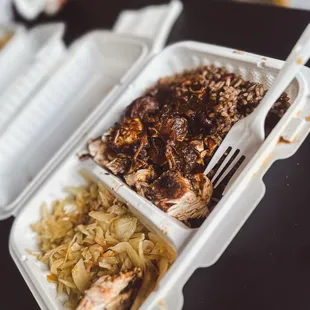 a &apos;small&apos; order of jerk chicken, cabbage, rice and peas.