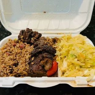 Brown Stew Chicken, Rice &amp; Peas and Cabbage. Very Flavorful.