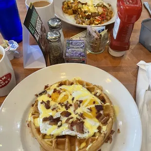 Bacon Waffle Benedict, Pork Belly Hash