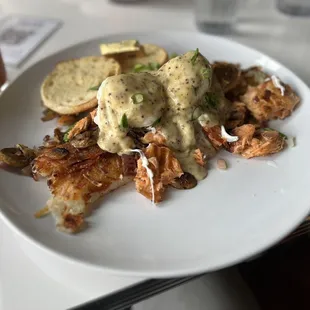 Trout hash with poached eggs