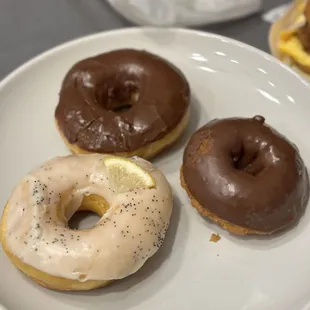 Lemon Poppy seed doughnut, classic chocolate doughnut, chocolate cake doughnut