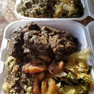 Jerk Chicken (bottom),  Irie Veg Stew (top)