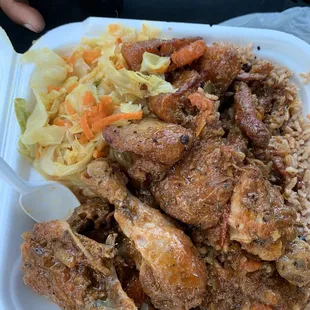 Medium size Brown Stew Chicken, cabbage, sweet plantains, rice &amp; peas