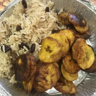 Side of rice and peas and plantains