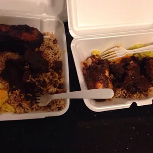 My food along with my husbands. Oxtail, rice and peas, macaroni and jerk chicken. Total was 18 dollars