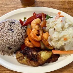Camarones Picantes (Spicy Shrimp) with a side of Sweet Plantains.