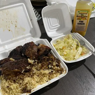 Jerk Chicken plate, rice &amp; peas, cabbage, Pine and Ginger juice