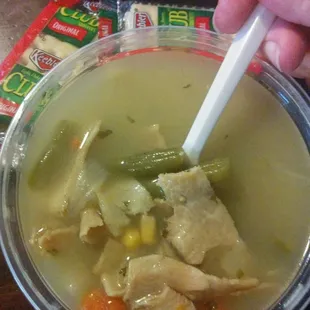 Turkey soup. Lots of meat and veggies. Very flavorful. Love the soups here.