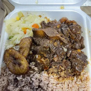 Oxtail, Rice and Peas, Steamed cabbage &amp; Fried Plantains