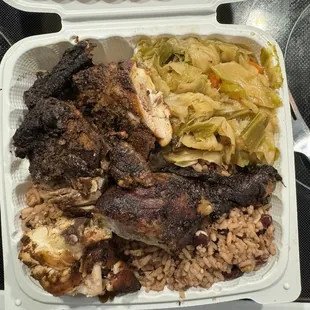 Jerk Chicken with Rice and Peas and Cabbage