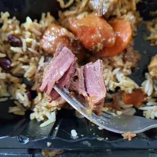 Beef stew served instead of curry goat.