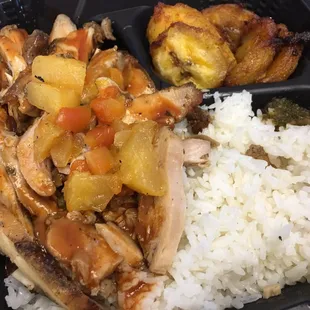 Jamaican jerk chicken, rice, plantains