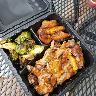 Jerk Chicken with Brussels Sprouts (specials) and Fried Plantains