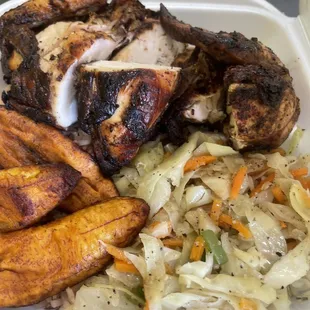 Jerk chicken with rice &amp; peas, plantains  and cabbage