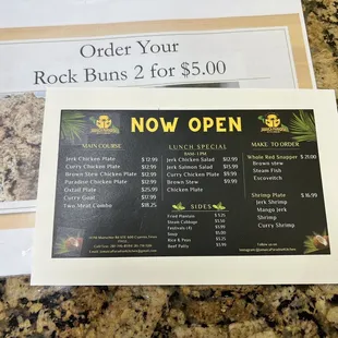 a menu for a rock buns 2 for $ 5 00