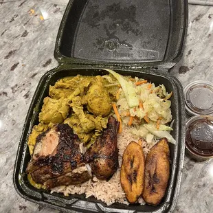 2 Meats Combo: jerk and curry chicken