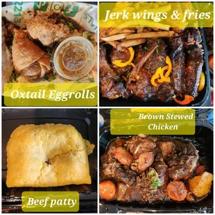 Oxtail Eggrolls, Jerk Chicken Wings, Brown Stewed Chicken &amp; a Beef Patty.