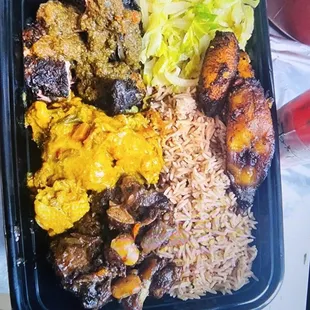 red bean and rice, stew oxtails, jerk chicken, curry shrimp, fried plantains..