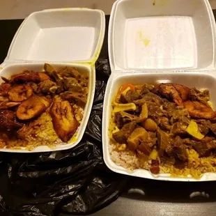 Stew chicken plantains rice and oxtail.