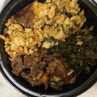 Small Oxtail with Mac and Cheese and Kale and Collard Greens