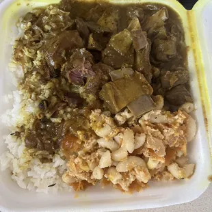 Curry Goat w/ Baked Mac &amp; Cheese and White Rice