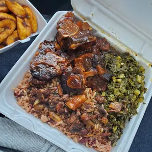 Small oxtail, greens, rice, and plantains