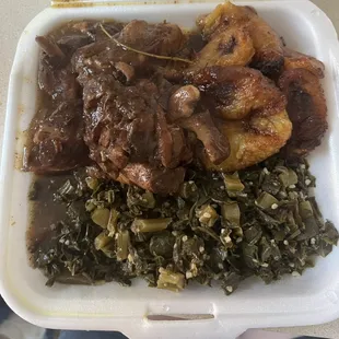 Brown Stew Chicken w/ Kale &amp; Collard Greens and Fried Plantains