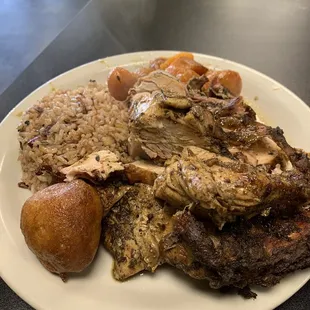 Jerk chicken breast, rice and peas, yams