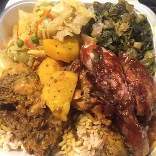 Half Curry Chicken and Half Jerk Chicken with Cabbage and Collard Greens over rice