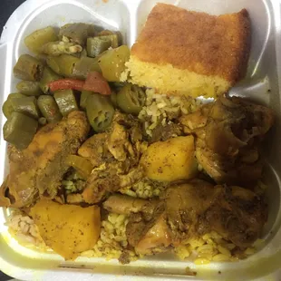 Curry Chicken, Okra and Tomatoes, and Cornbread over rice