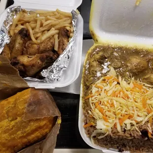 So much food! Teriyaki wings with fries, 2 beef patties, curry chicken with rice and peas, Cole slaw