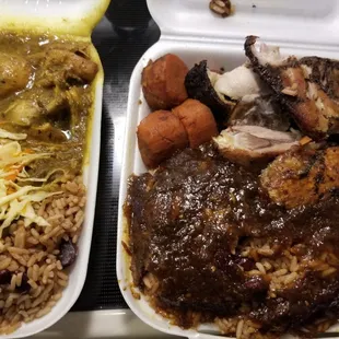 Jerk chicken with yams and rice and peas