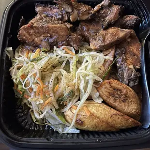 Jerk Chicken, cabbage and Plantains,