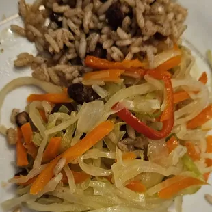 Veggie platter w rice and beans.