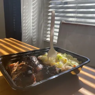 Jerk Chicken, Steamed Cabbage and beans and rice